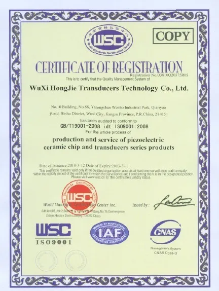 ISO 9001 Registrierungszertifikat für WuXi HongJie Transducers Technology – Qualitätszertifizierung für die Herstellung von piezoelektrischen Keramikchips und Wandler