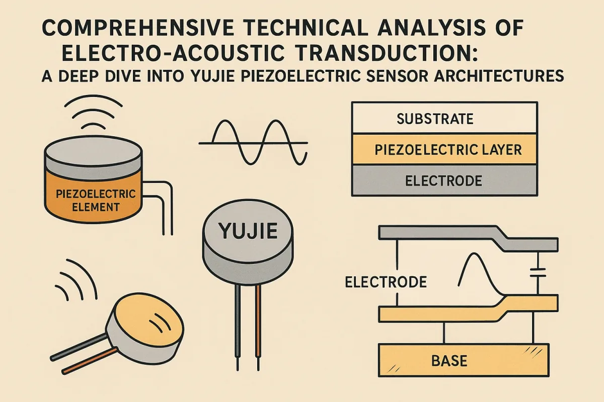 Electro-acoustic transduction in Yujie piezoelectric sensor architectures showing piezoelectric elements, substrate layers, and electrode configurations
