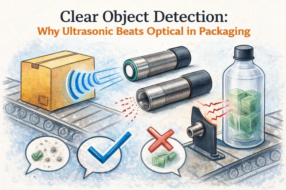 Ultrasonic sensor detecting clear PET bottles on a conveyor