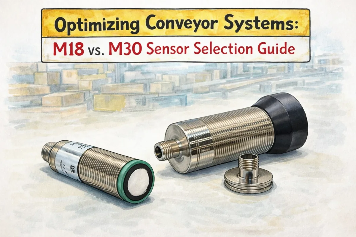 Comparison of M18 and M30 ultrasonic sensors on a conveyor line diagram