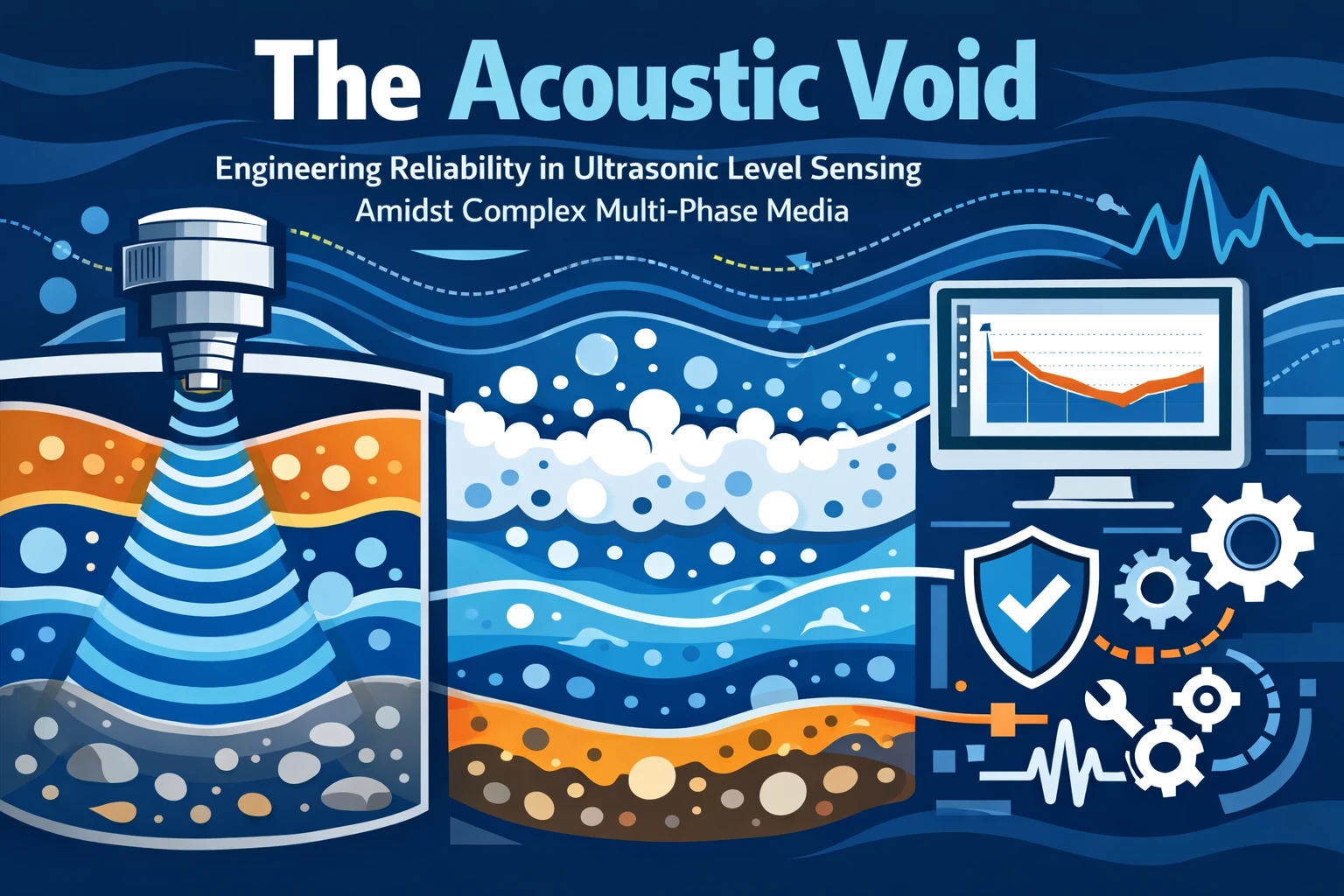 Diagram showing ultrasonic wave interaction with foam bubbles: scattering and absorption
