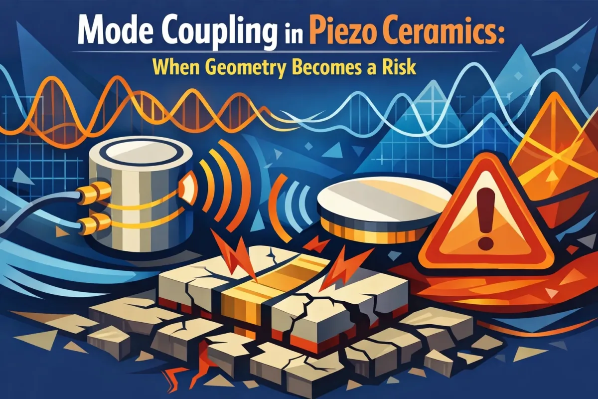 Finite element analysis showing mode coupling interaction between thickness and radial vibration modes in a piezoelectric disc