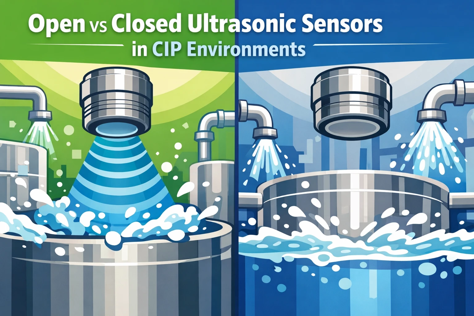 Industrial ultrasonic sensor undergoing high-pressure CIP washdown in a hygienic processing line