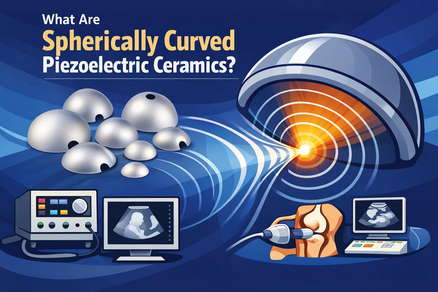 Diagram of a spherically curved piezoelectric ceramic element showing focal point geometry