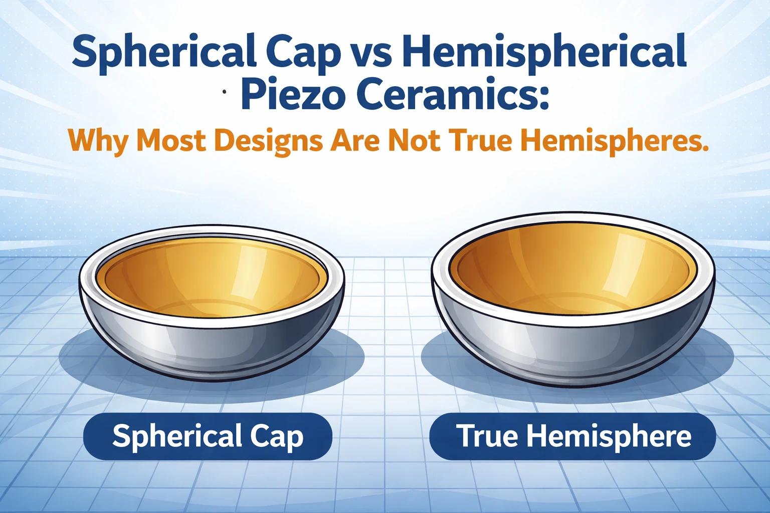 Diagram comparing true hemisphere vs spherical cap piezo ceramic geometry
