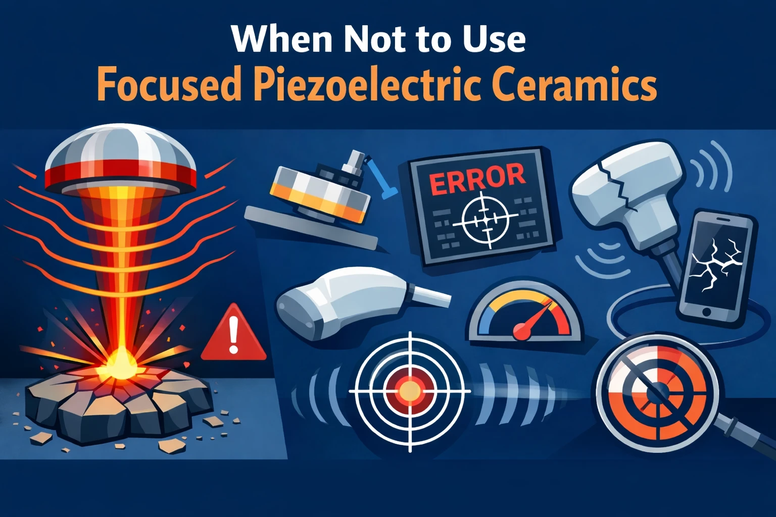 Diagram showing focused vs uniform piezoelectric ceramic fields