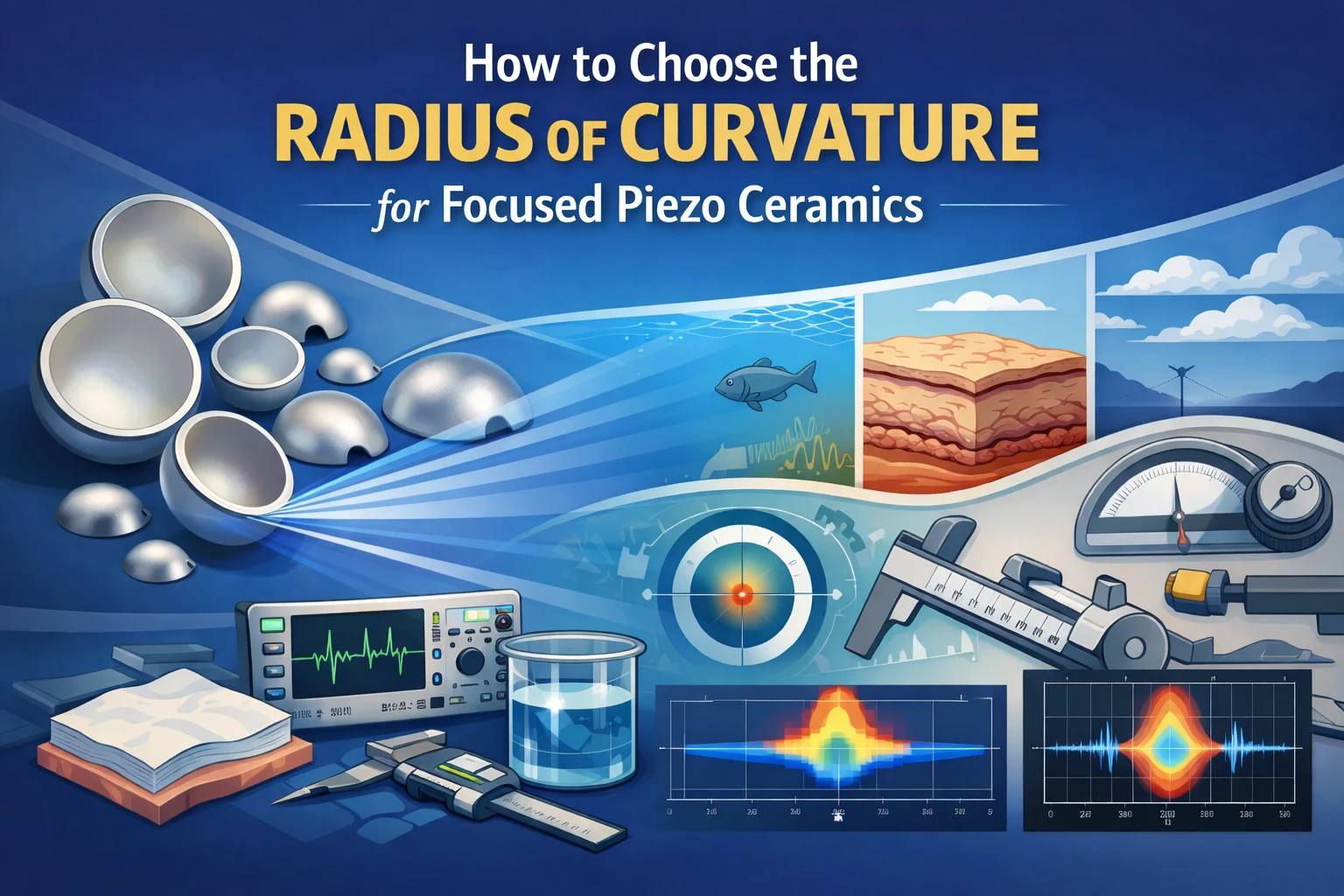 Diagram illustrating radius of curvature selection for focused piezoelectric ceramics in ultrasonic transducer design