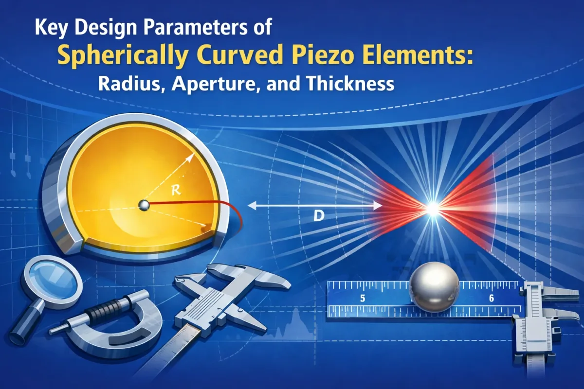 Diagram illustrating key design parameters of spherically curved piezo elements: radius, aperture, and thickness