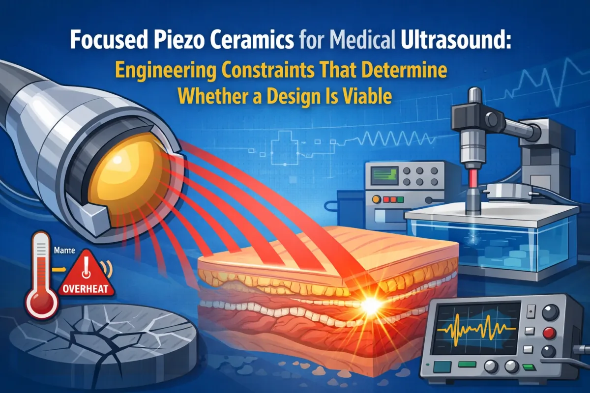 Engineering diagram of focused piezo ceramics for medical ultrasound, showing radius of curvature, aperture, and thickness trade-offs