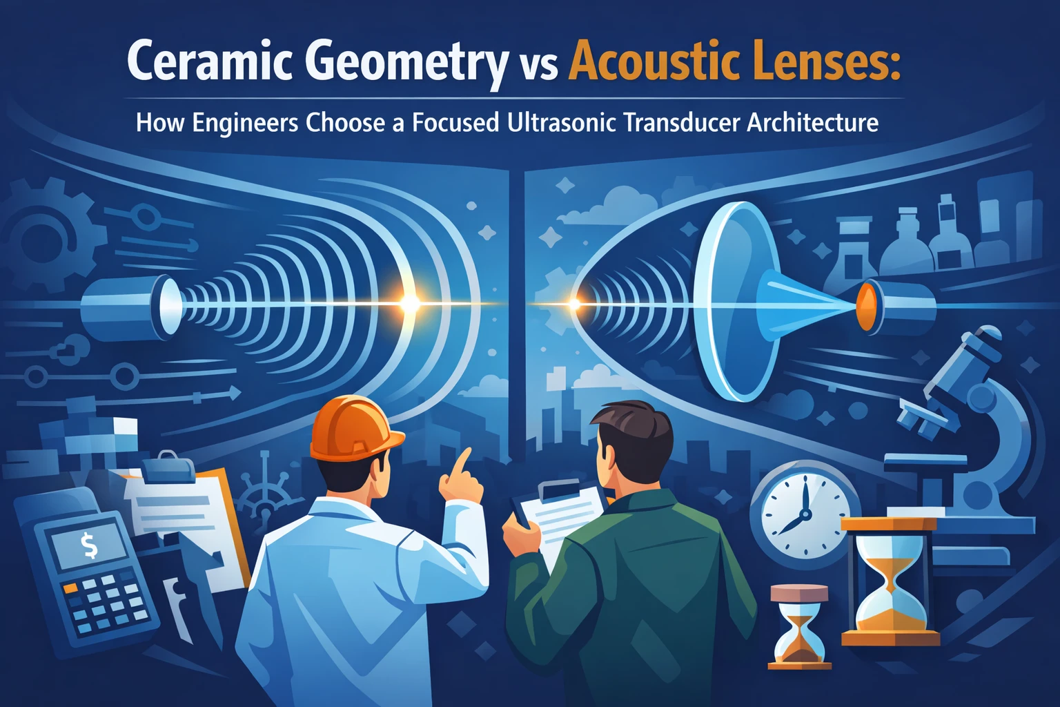 Engineering comparison diagram of focused ultrasonic transducer architectures: curved piezo ceramic geometry versus acoustic lens stack