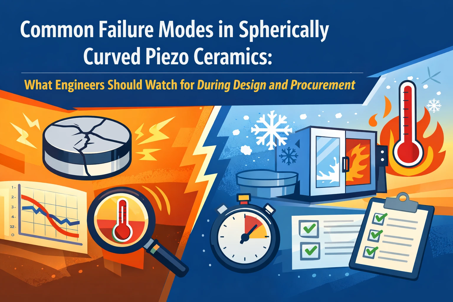 Spherically curved piezo ceramic reliability analysis showing cracking, depoling, thermal drift, and procurement risk checkpoints
