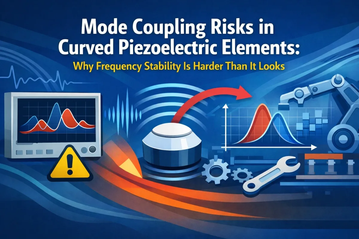 Curved piezoelectric element modal interaction map showing mode coupling impact on resonance stability and transducer tuning