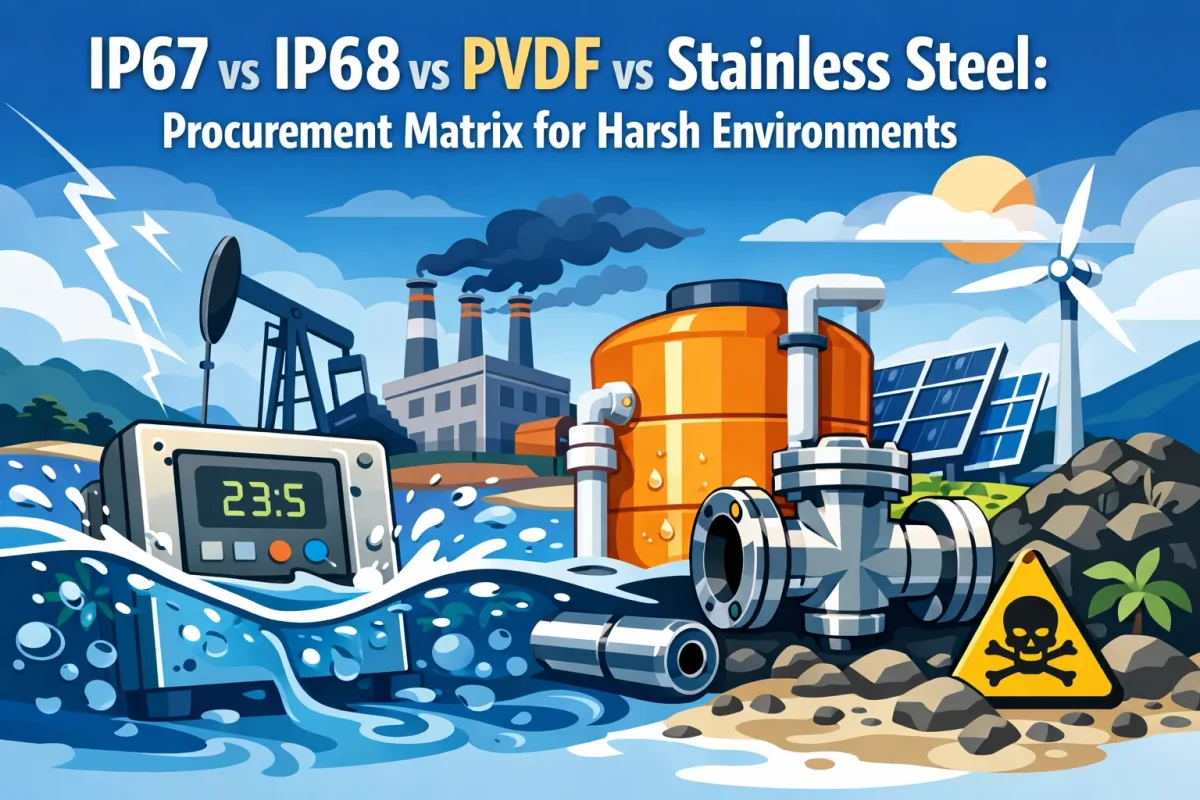 Procurement matrix comparing IP67, IP68, PVDF, and stainless steel ultrasonic sensors for chemical and washdown environments
