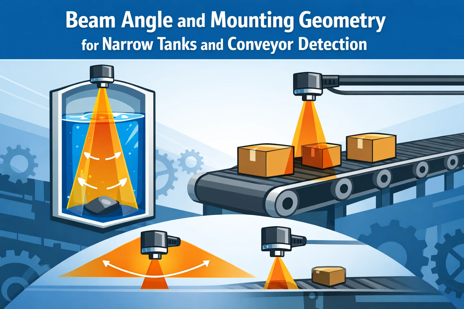 Field geometry playbook showing ultrasonic sensor beam angle and mounting rules for narrow tanks and conveyor detection