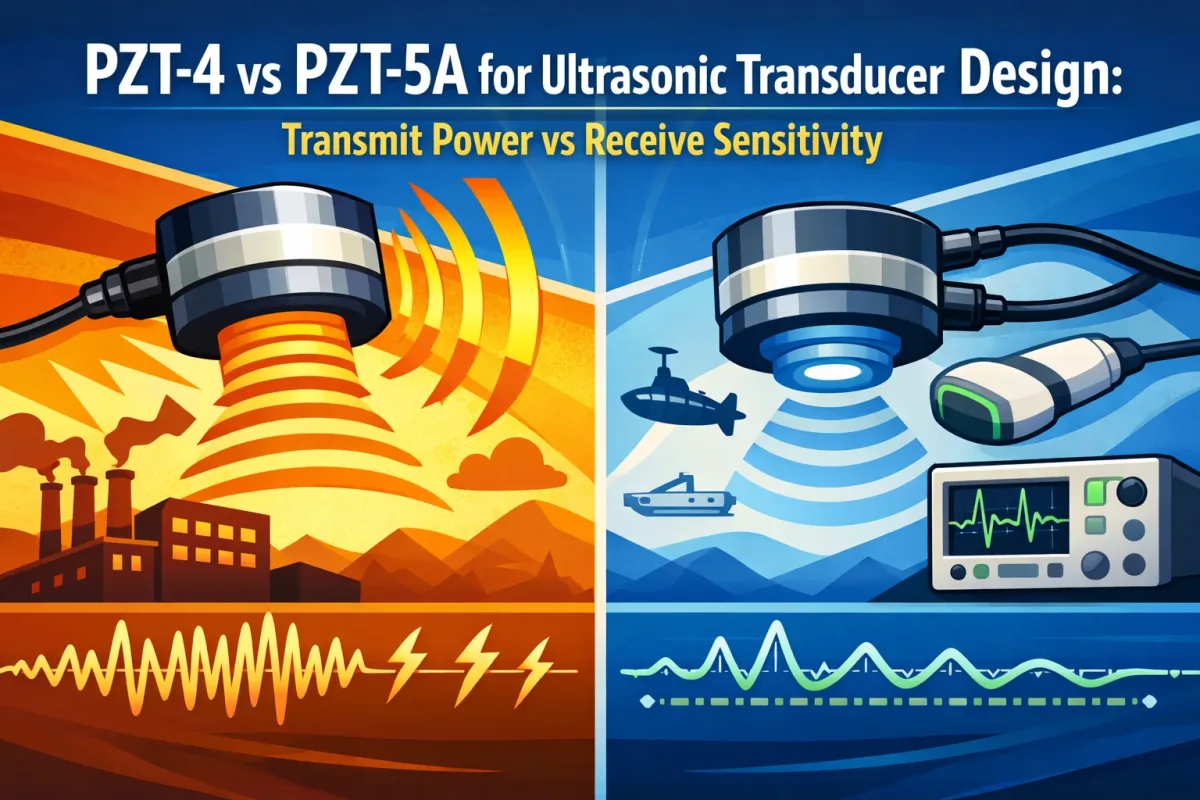 Architecture-driven comparison of PZT-4 and PZT-5A for ultrasonic transducer design, showing transmit power, receive sensitivity, bandwidth, and thermal-margin trade-offs