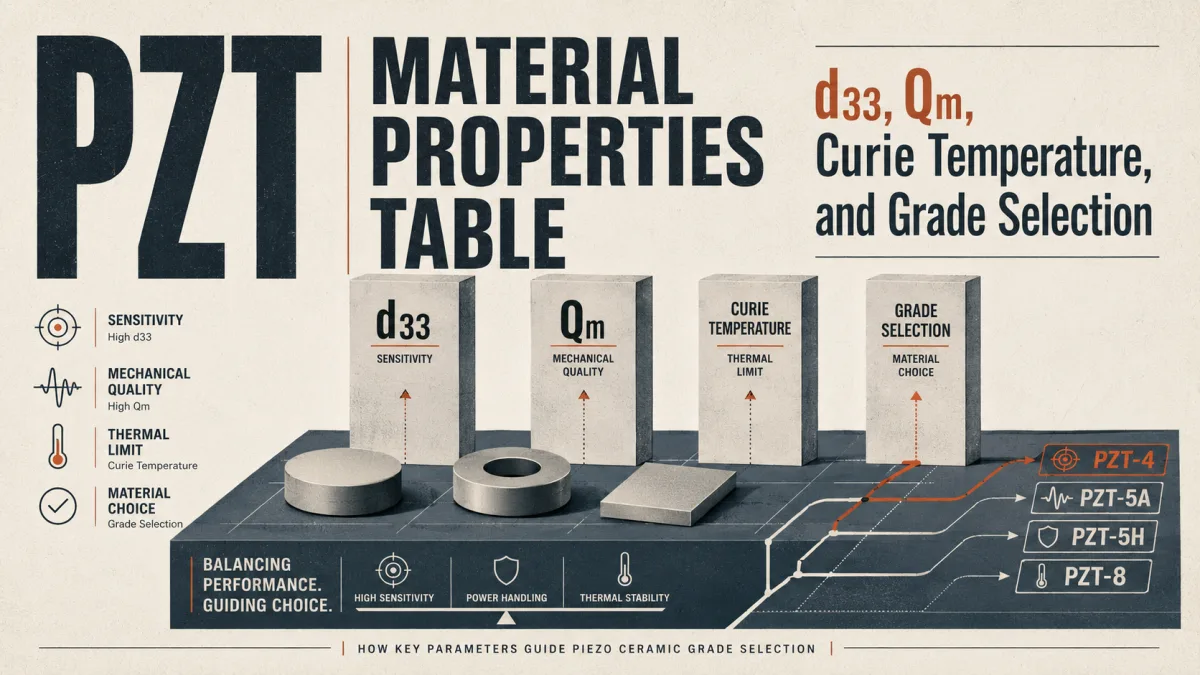 PZT material properties table showing d33, Qm, Curie temperature, dielectric loss, and grade selection paths for piezoelectric ceramics