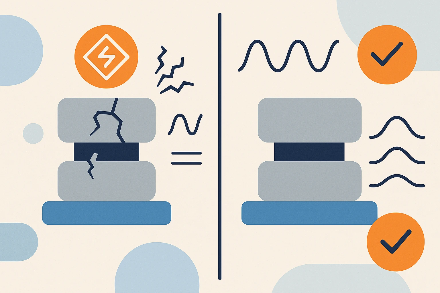 An illustration comparing problematic and optimized piezoelectric transducer designs on a beige background. The left side shows a flawed transducer with visible cracks, warning symbols, and electrical issues marked with problem indicators. The right side displays an optimized transducer design with proper wave patterns, clean signal transmission, and orange checkmark symbols indicating successful solutions in piezo transducer design and engineering.