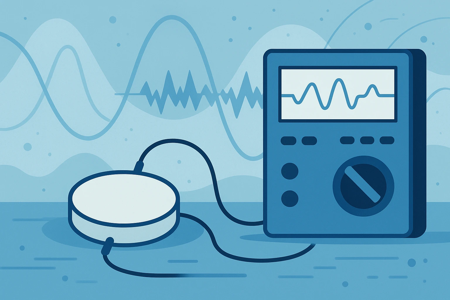 An illustration of piezoelectric material testing equipment on a blue background, showing a white ceramic disc connected to a digital testing instrument with waveform display, surrounded by wave patterns representing electrical measurements and testing procedures for piezoelectric materials.