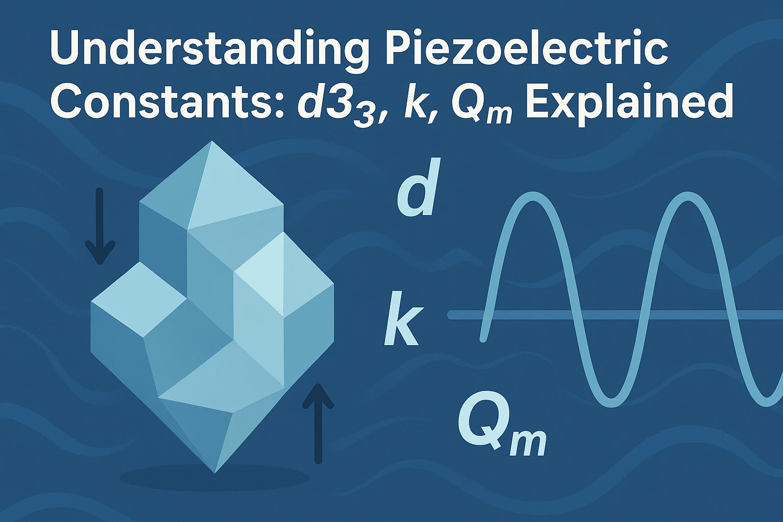 An educational illustration titled 'Understanding Piezoelectric Constants: d33, k, Qm Explained' on a blue background, featuring a 3D geometric crystal structure representing piezoelectric materials on the left side, and mathematical symbols d, k, and Qm with wave patterns on the right side, demonstrating the fundamental constants that define piezoelectric material performance in engineering applications.