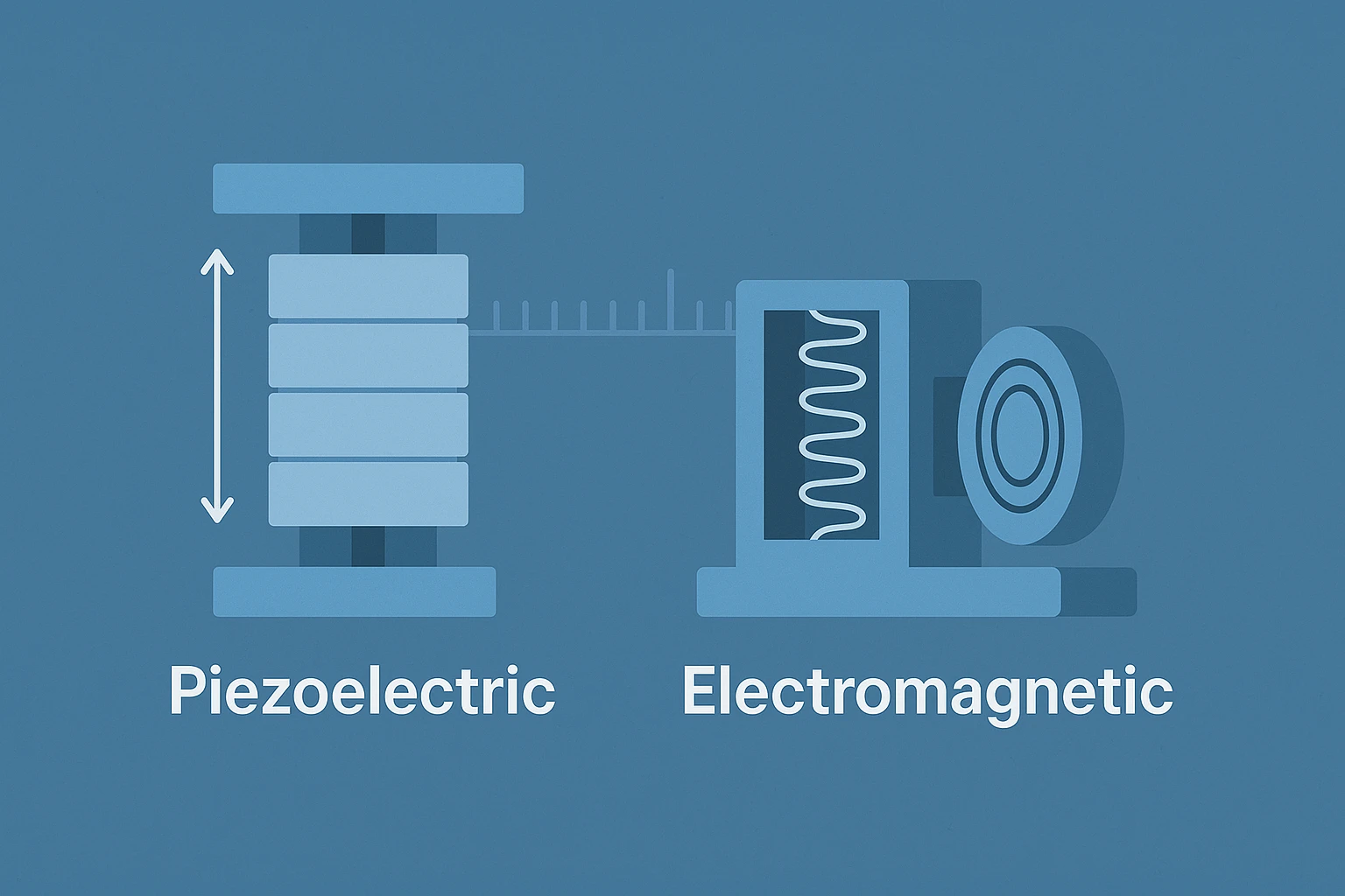 An educational illustration comparing piezoelectric and electromagnetic actuators on a blue background. The left side shows a piezoelectric actuator represented as a stack of ceramic layers with a vertical arrow indicating precise linear motion. The right side displays an electromagnetic actuator with a coil inside a magnetic field and a circular motion indicator, demonstrating the fundamental operating principles and motion characteristics of both actuator technologies used in precision motion control applications.