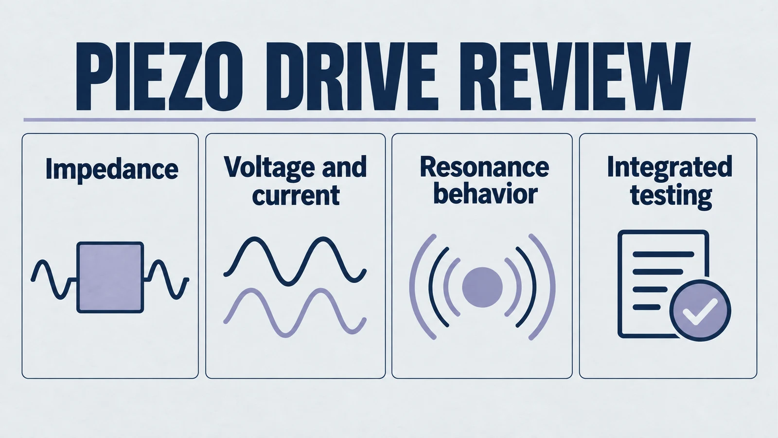 piezo drive review: Impedance, Voltage and current, Resonance behavior, Integrated testing.