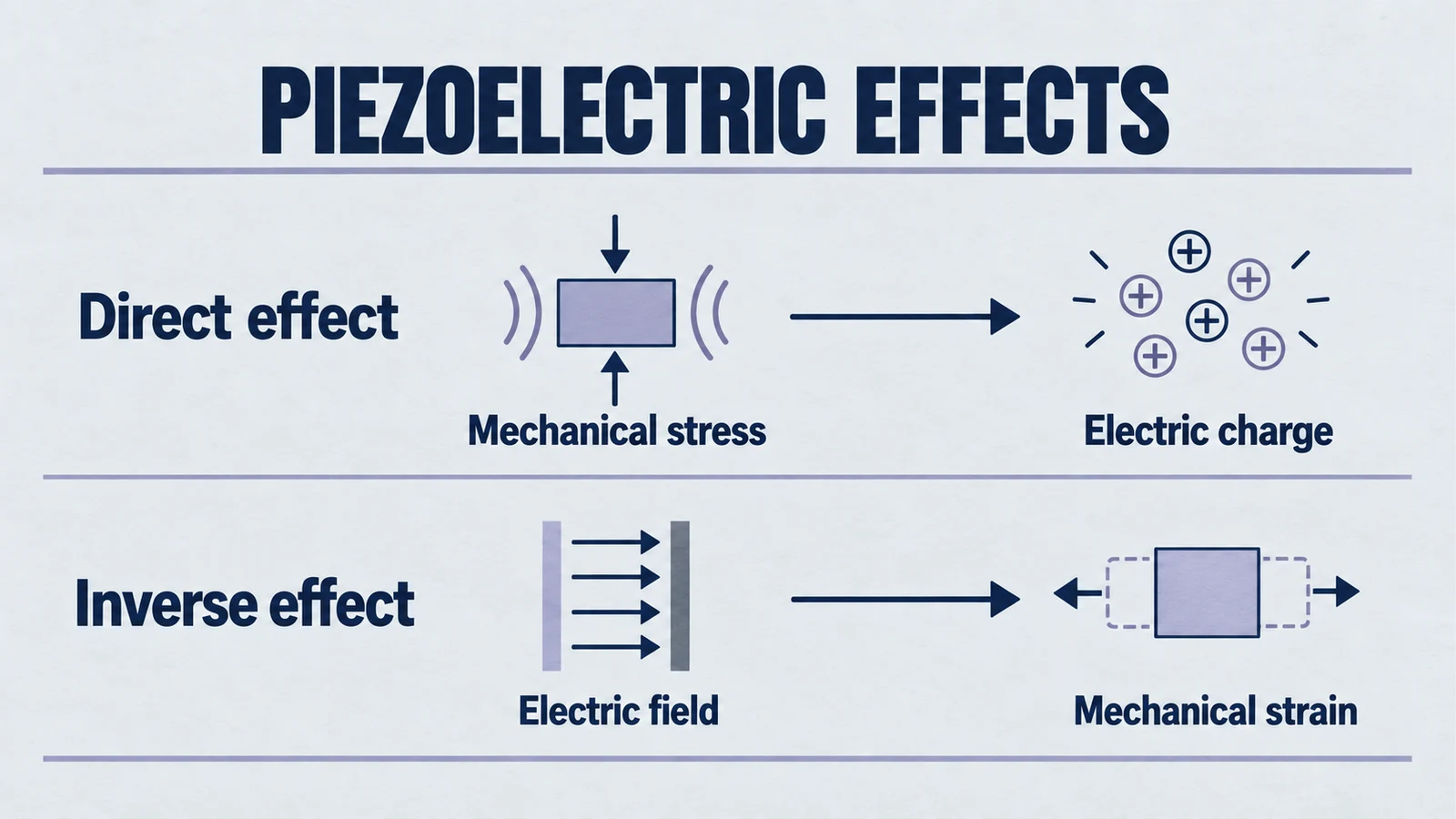 piezoelectric effects: Direct effect, Mechanical stress, Electric charge, Inverse effect, Electric field, Mechanical strain.