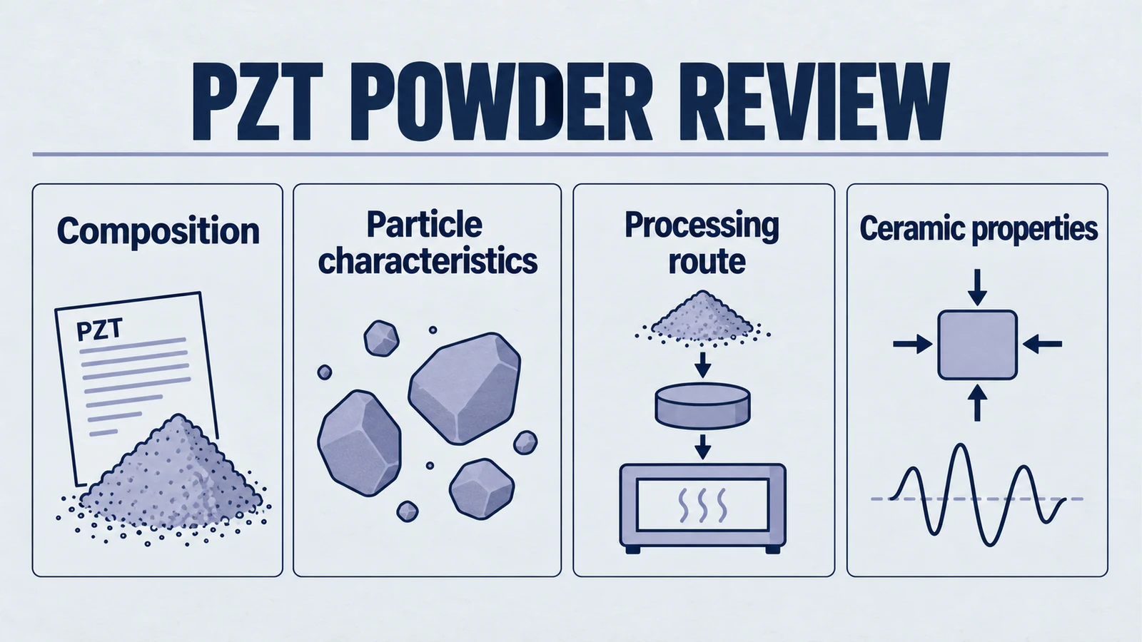 pzt powder review: Composition, Particle characteristics, Processing route, Ceramic properties.