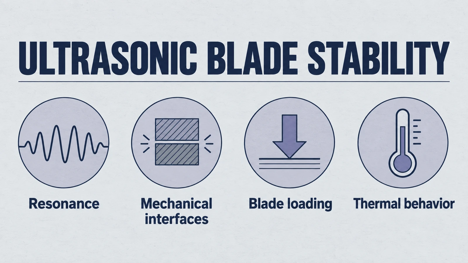 Infografik: Ultraschall-Blade-Stabilität, Abdeckungsresonanz, mechanische Schnittstellen, Blade-Belastung, thermisches Verhalten.
