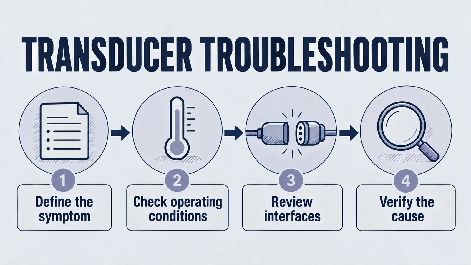 transducer troubleshooting infographic: Define the symptom, Check operating conditions, Review interfaces, Verify the cause