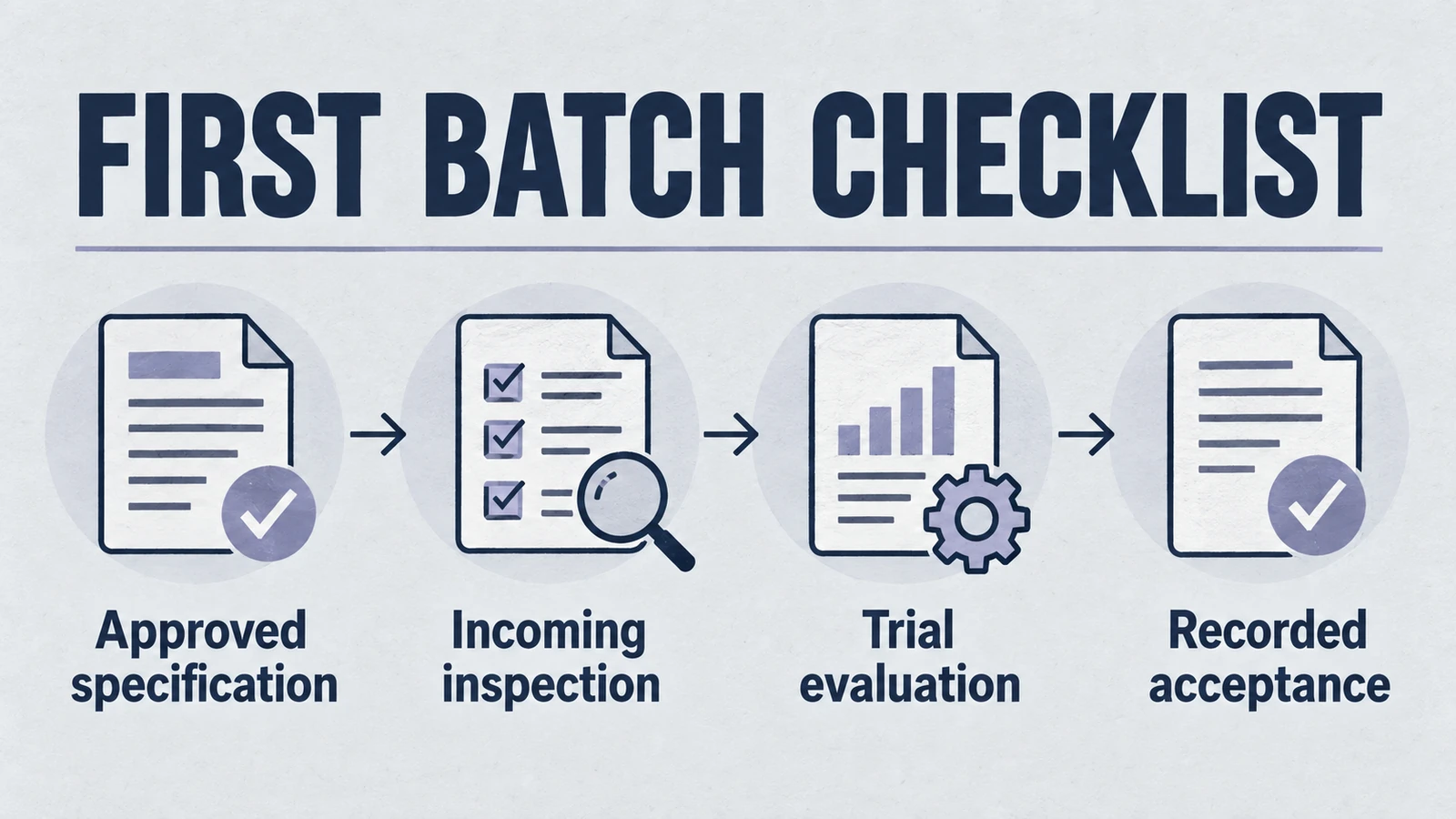 Infographic: first batch checklist, covering Approved specification, Incoming inspection, Trial evaluation, Recorded acceptance.