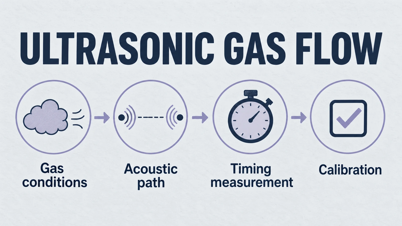 Infografik: Ultraschall-Gasfluss, Abdeckung von Gasbedingungen, akustischer Pfad, Zeitmessung, Kalibrierung.