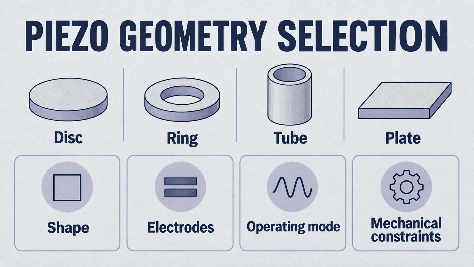 Infografik: Auswahl der Piezo-Geometrie, einschließlich Scheibe, Ring, Rohr, Platte, Form, Elektroden, Betriebsmodus, mechanische Einschränkungen.