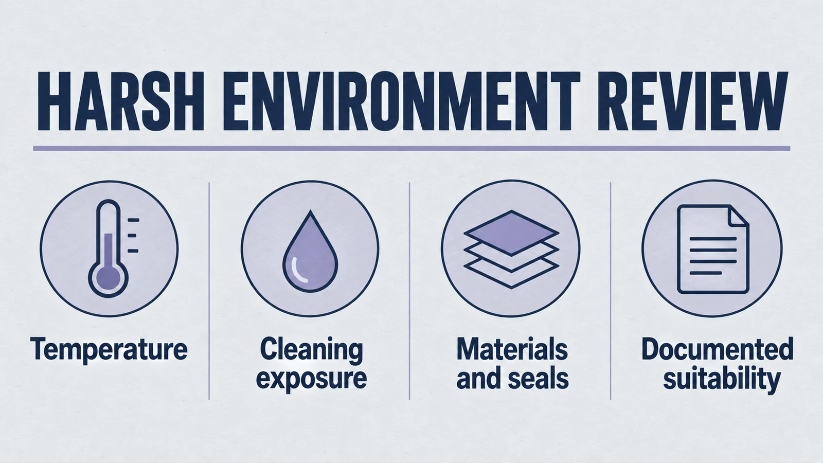 Infographic: harsh environment review, covering Temperature, Cleaning exposure, Materials and seals, Documented suitability.
