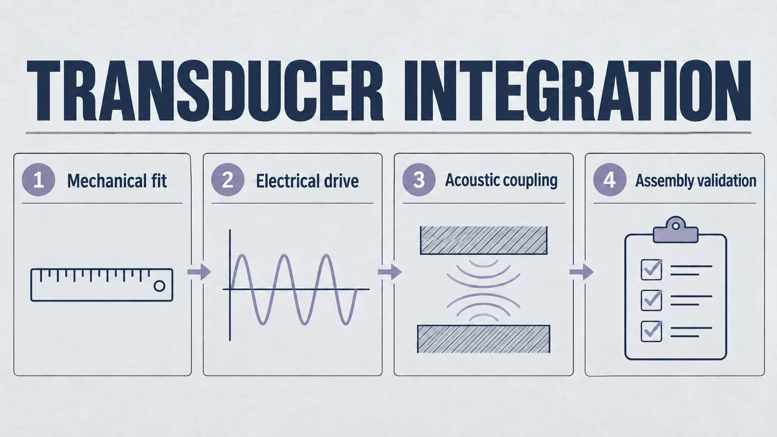 Infographic: transducer integration, covering Mechanical fit, Electrical drive, Acoustic coupling, Assembly validation.