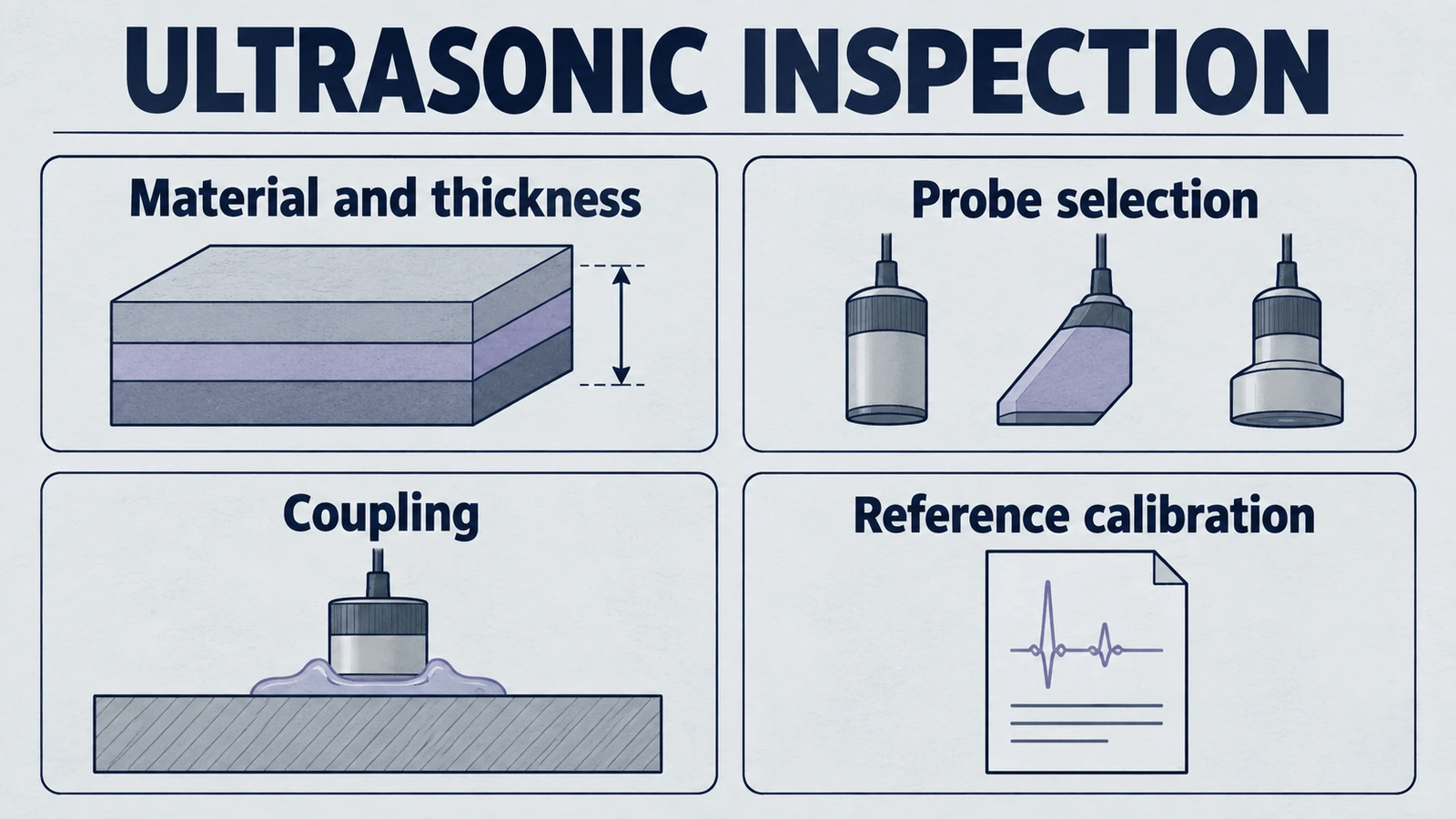 Infographic: ultrasonic inspection, covering Material and thickness, Probe selection, Coupling, Reference calibration.