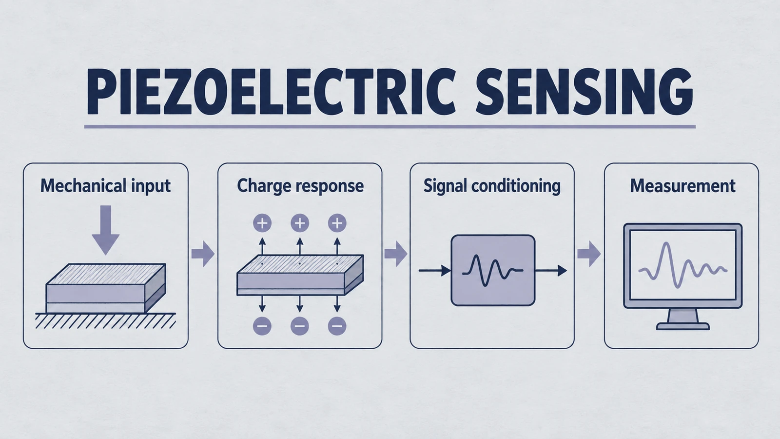 Infografik: Piezoelektrische Sensorik, einschließlich mechanischer Eingabe, Ladungsreaktion, Signalkonditionierung, Messung.