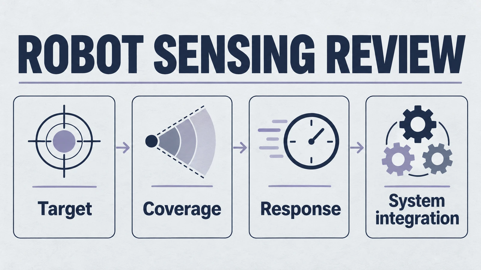 Infografik: Überprüfung der Robotersensorik, die Ziel, Abdeckung, Reaktion und Systemintegration abdeckt.