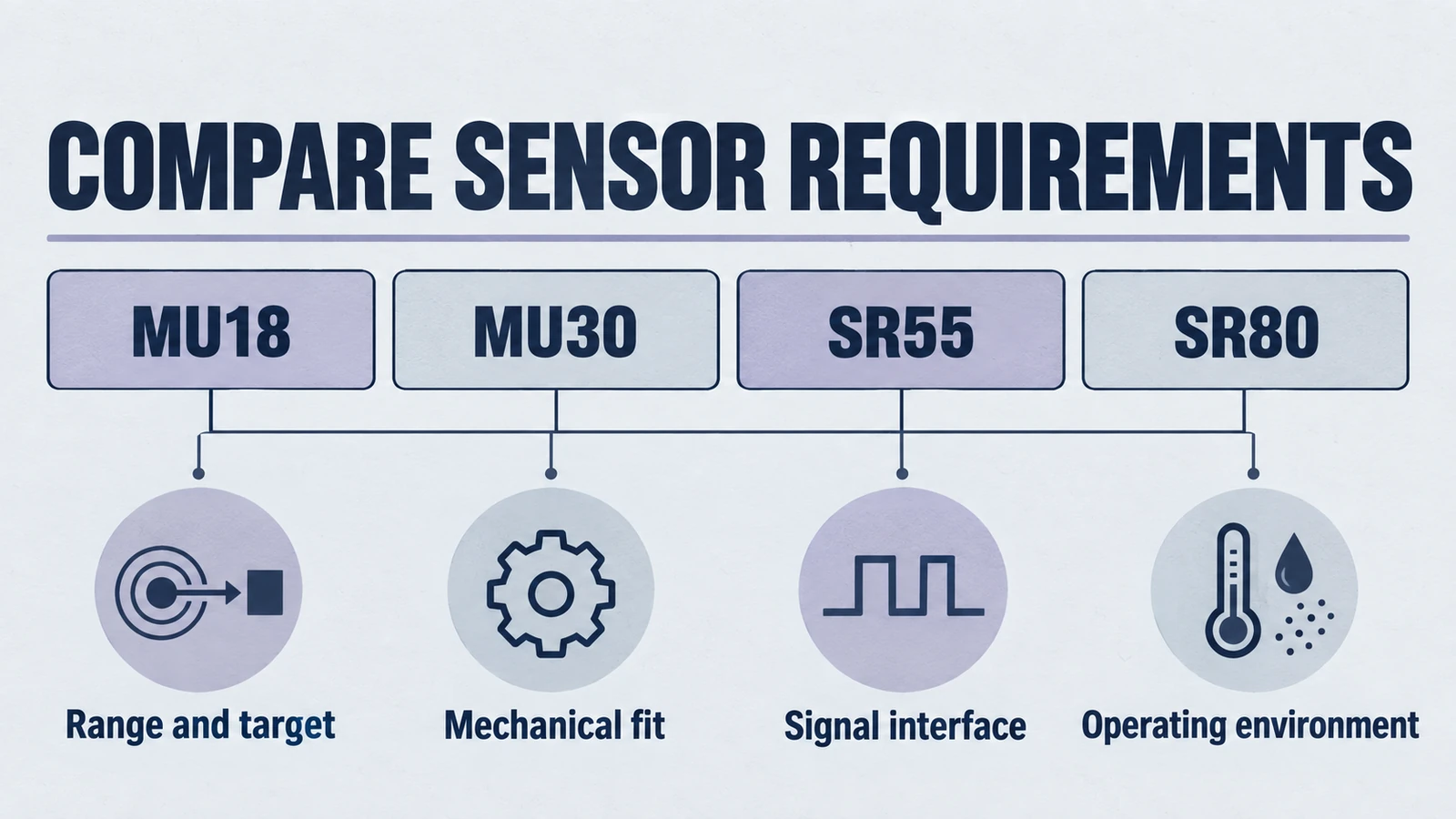 Infographic: compare sensor requirements, covering MU18, MU30, SR55, SR80, Range and target, Mechanical fit, Signal interface, Operating environment.