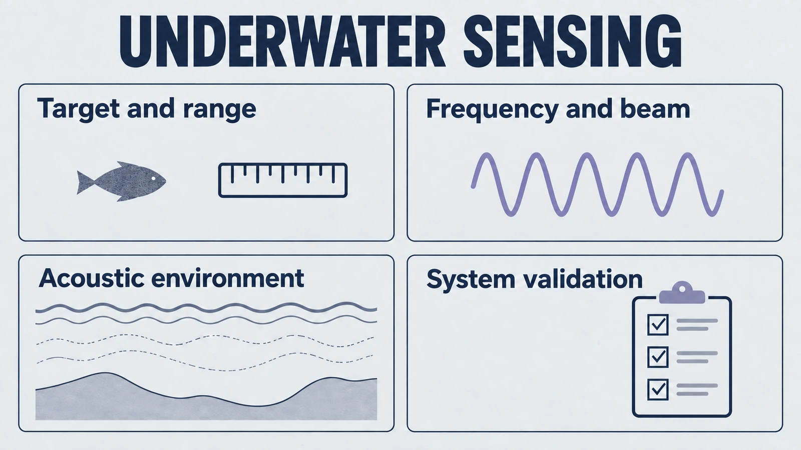 Infografik: Unterwassersensorik, Abdeckung von Ziel und Reichweite, Frequenz und Strahl, akustische Umgebung, Systemvalidierung.