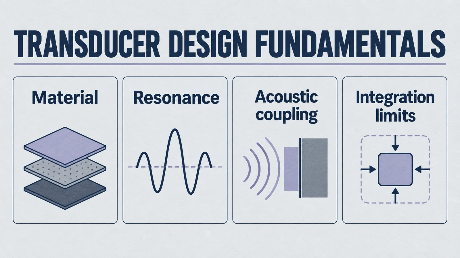 Infographic: transducer design fundamentals, covering Material, Resonance, Acoustic coupling, Integration limits.