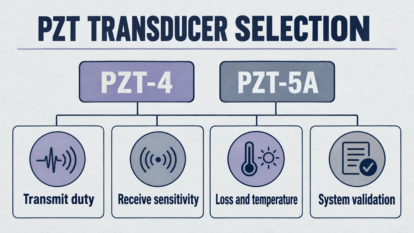 Infographic: pzt transducer selection, covering PZT-4, PZT-5A, Transmit duty, Receive sensitivity, Loss and temperature, System validation.
