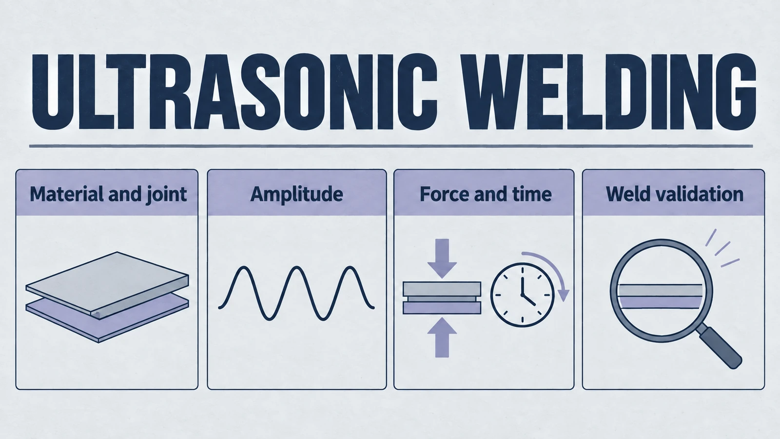 ultrasonic welding infographic: Material and joint, Amplitude, Force and time, Weld validation