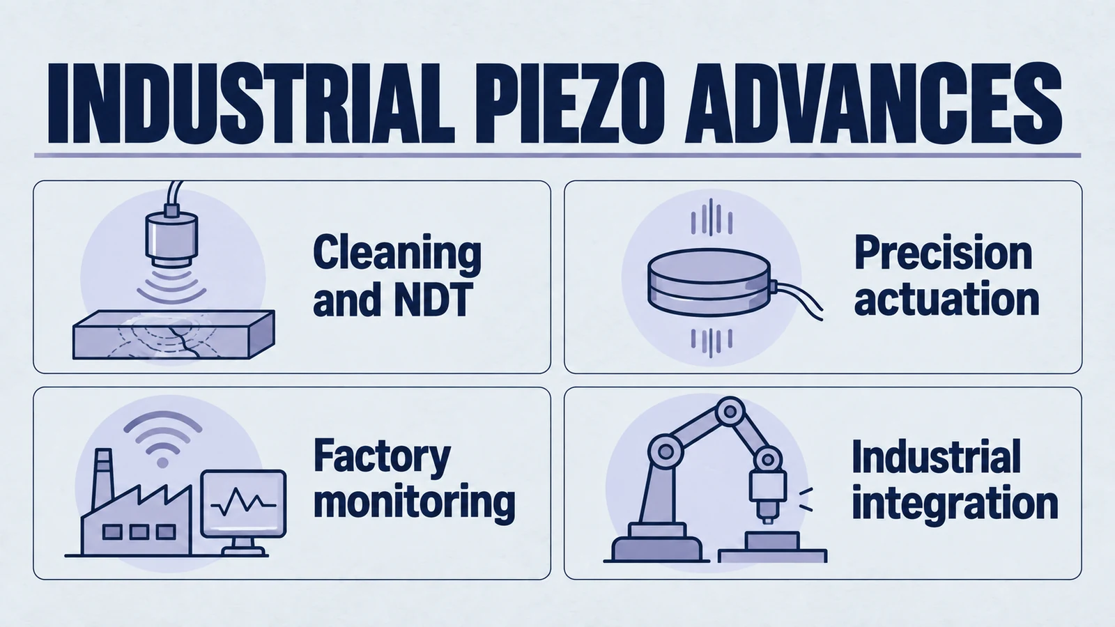 Infographic: industrial piezo advances. Cleaning and NDT; Precision actuation; Factory monitoring; Industrial integration.