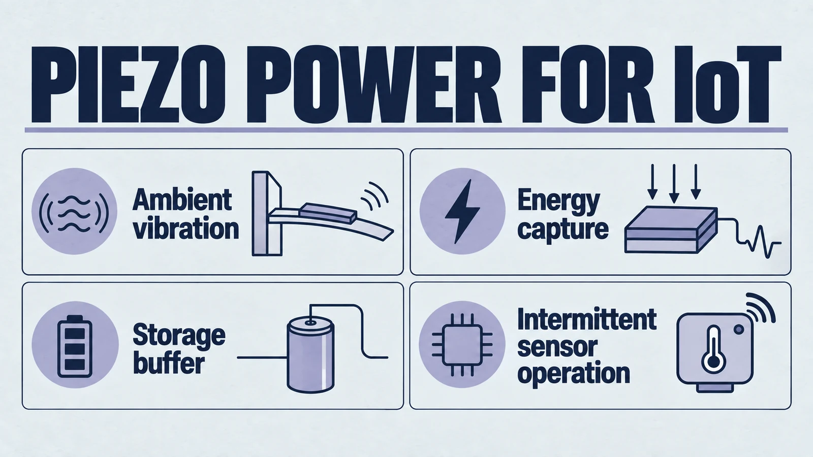 Infographic: piezo power for iot. Ambient vibration; Energy capture; Storage buffer; Intermittent sensor operation.