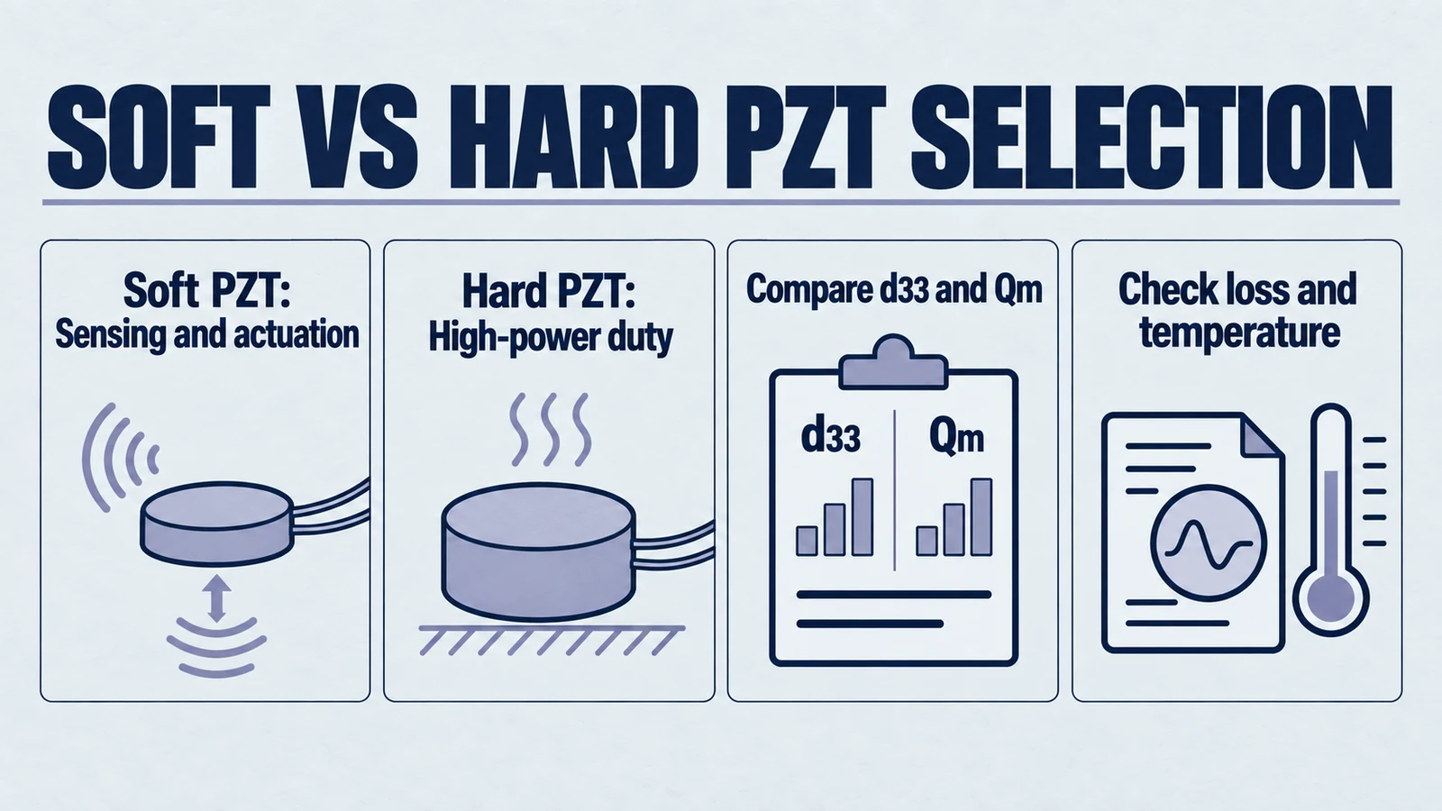 Infographic: soft vs hard pzt selection. Soft PZT: Sensing and actuation; Hard PZT: High-power duty; Compare d33 and Qm; Check loss and temperature.