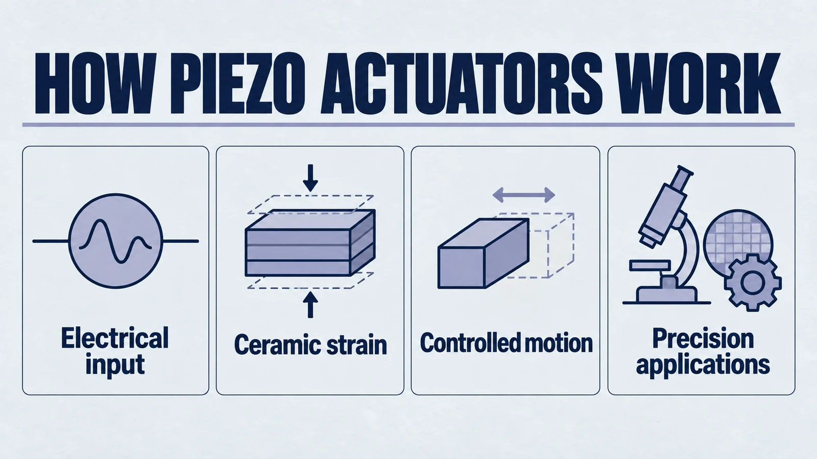 Infographic: how piezo actuators work. Electrical input; Ceramic strain; Controlled motion; Precision applications.