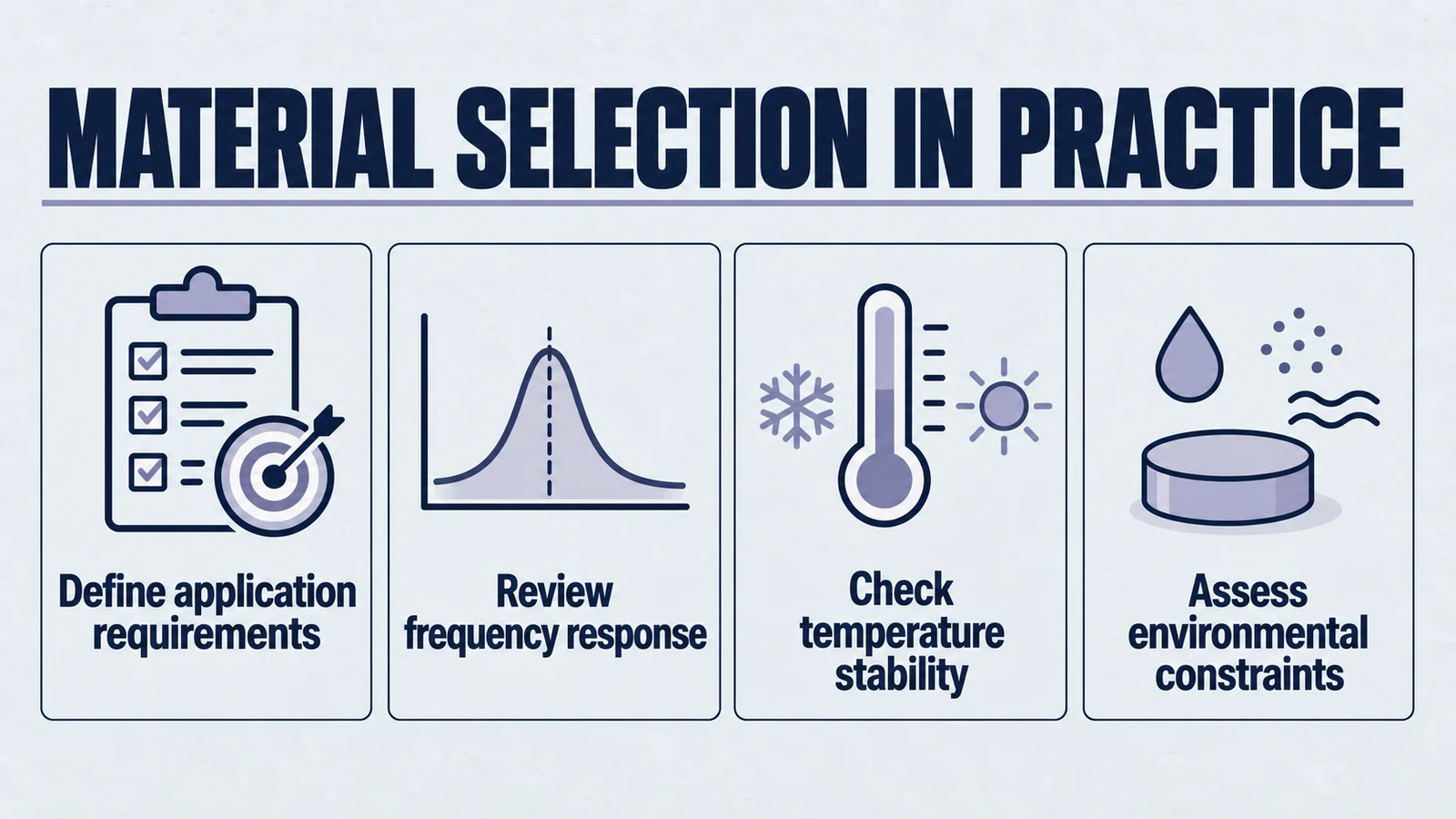 Infographic: material selection in practice. Define application requirements; Review frequency response; Check temperature stability; Assess environmental constraints.