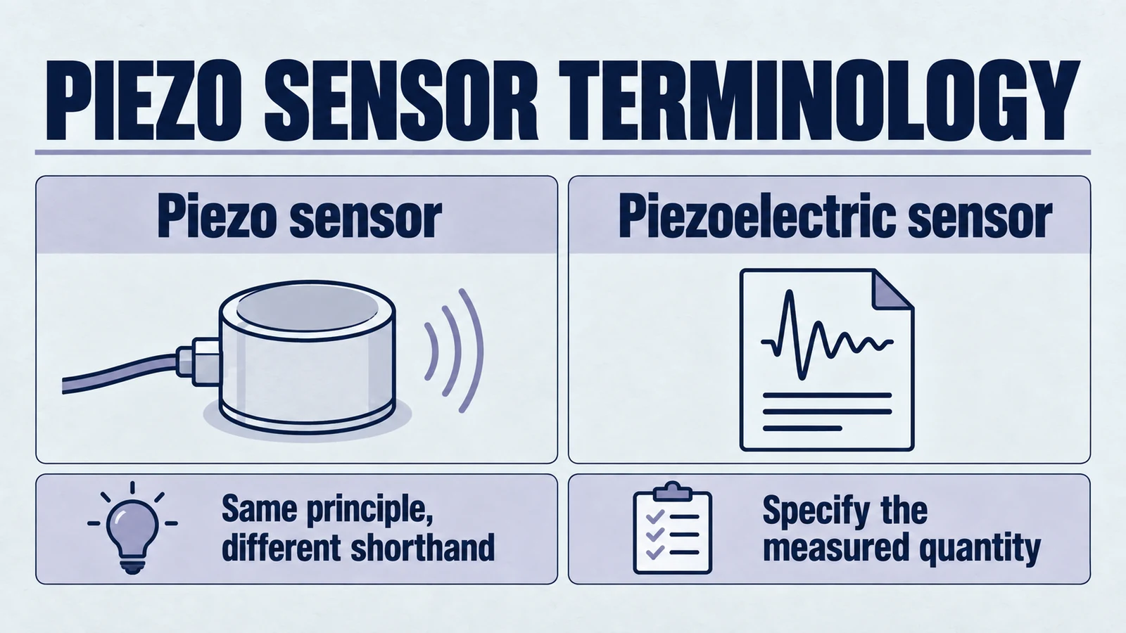 Infographic: piezo sensor terminology. Piezo sensor; Piezoelectric sensor; Same principle, different shorthand; Specify the measured quantity.