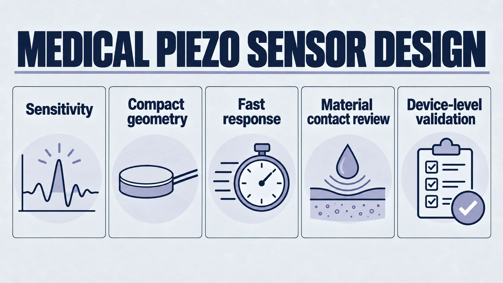 Infographic: medical piezo sensor design. Sensitivity; Compact geometry; Fast response; Material contact review; Device-level validation.
