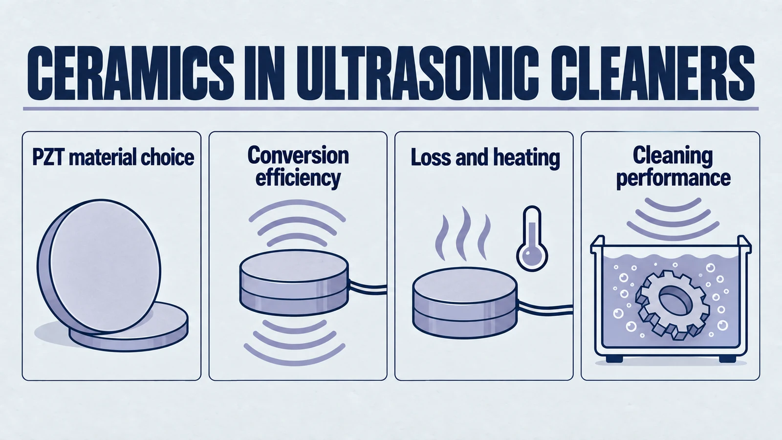 Infographic: ceramics in ultrasonic cleaners. PZT material choice; Conversion efficiency; Loss and heating; Cleaning performance.